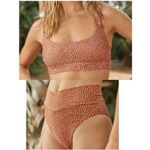 Aerie Scoop Neck High Cut Cheeky Bikini Swimsuit Set Brown Polka Dot XL TG